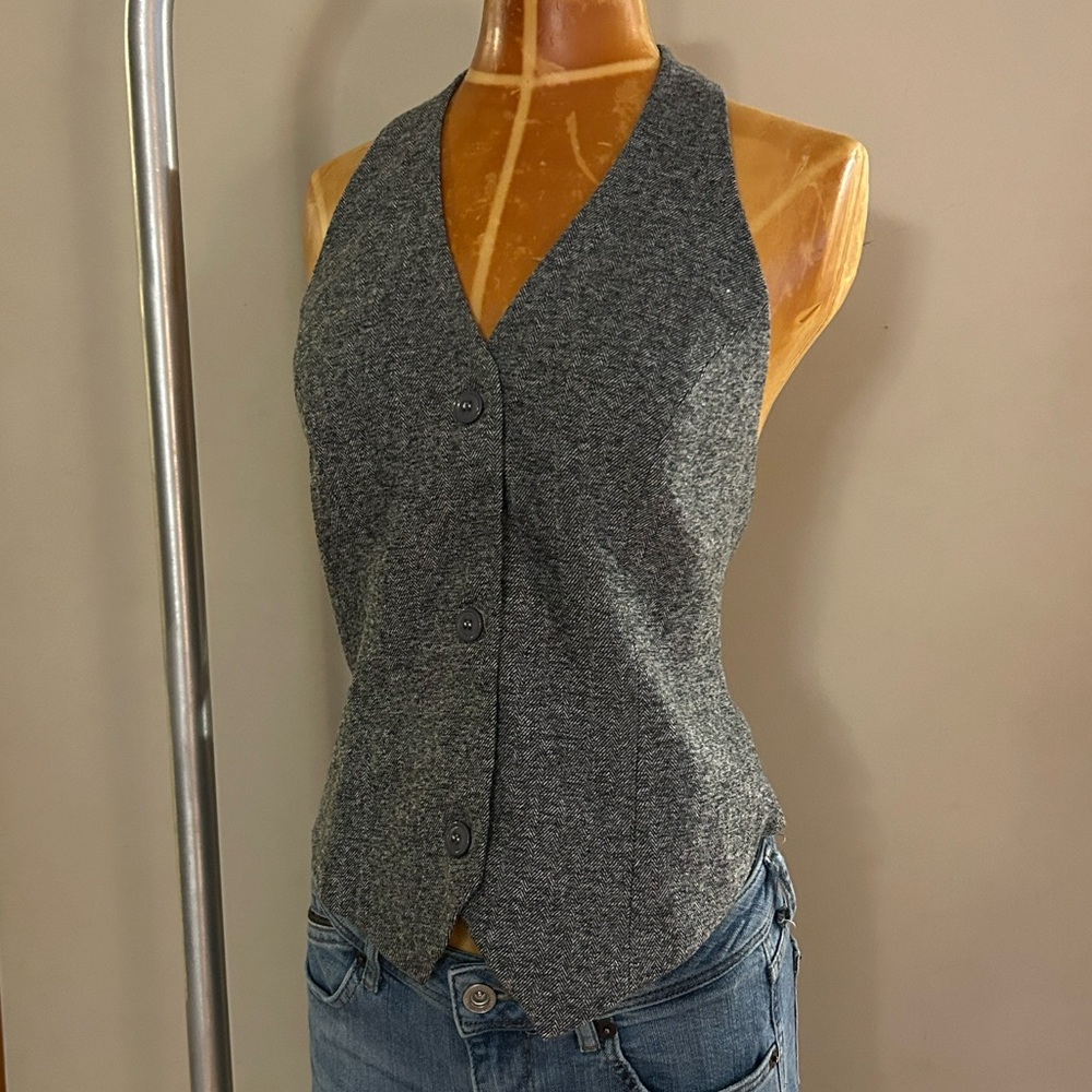 Gray Lined Halter Neck Scandi Girl Herringbone Vest Adjustable Back S